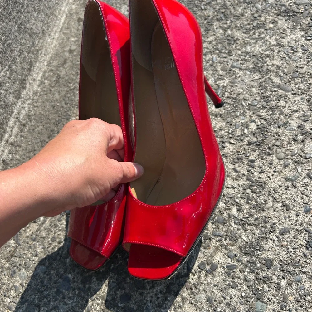 Stuart Weitzman Vibrant Red Peep Toe Heels - Picture 5 of 14